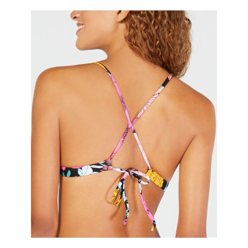HULA HONEY Women's Black Stretch Ruffled Tie Back Flowervescent Swimsuit Top XL - Picture 2 of 2